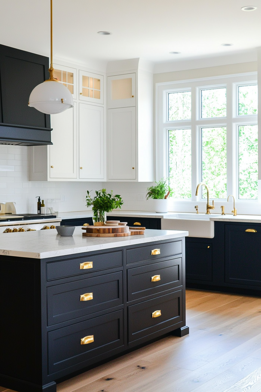 Kitchen with navy blue lower cabinets and white upper cabinets