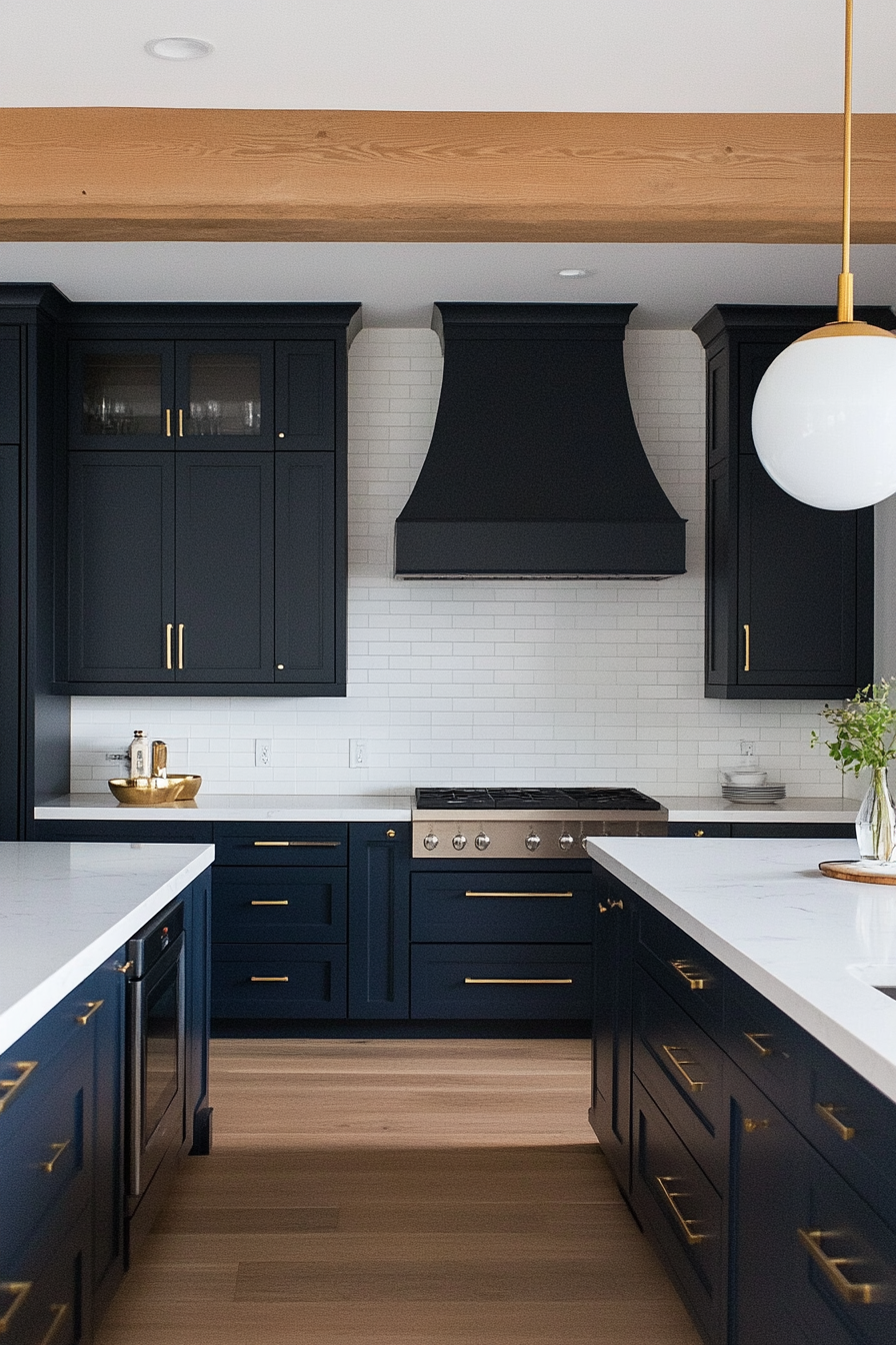 Kitchen with navy blue cabinetry and brass hardware