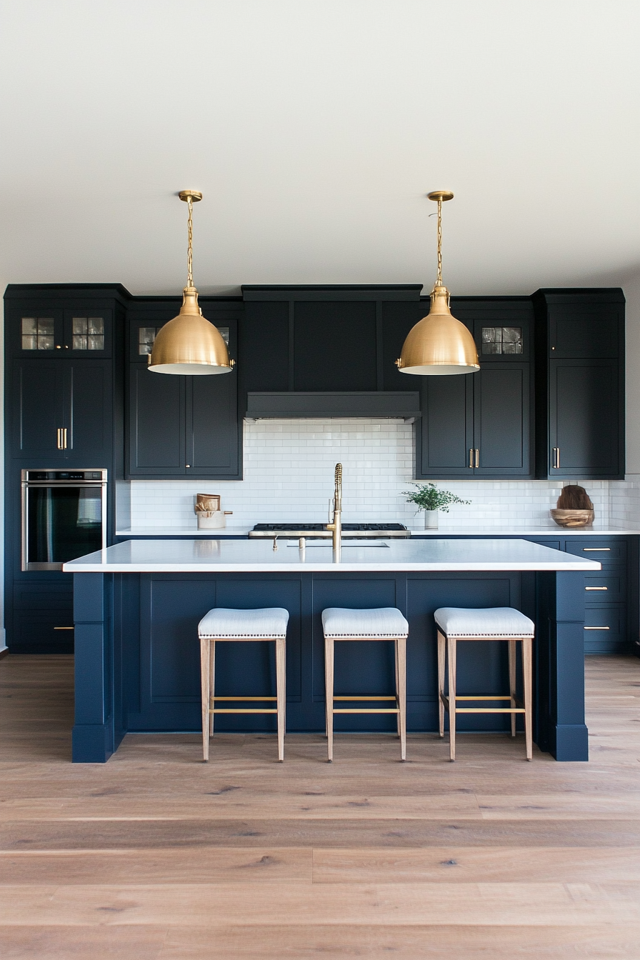 Kitchen with navy blue cabinetry and brass hardware