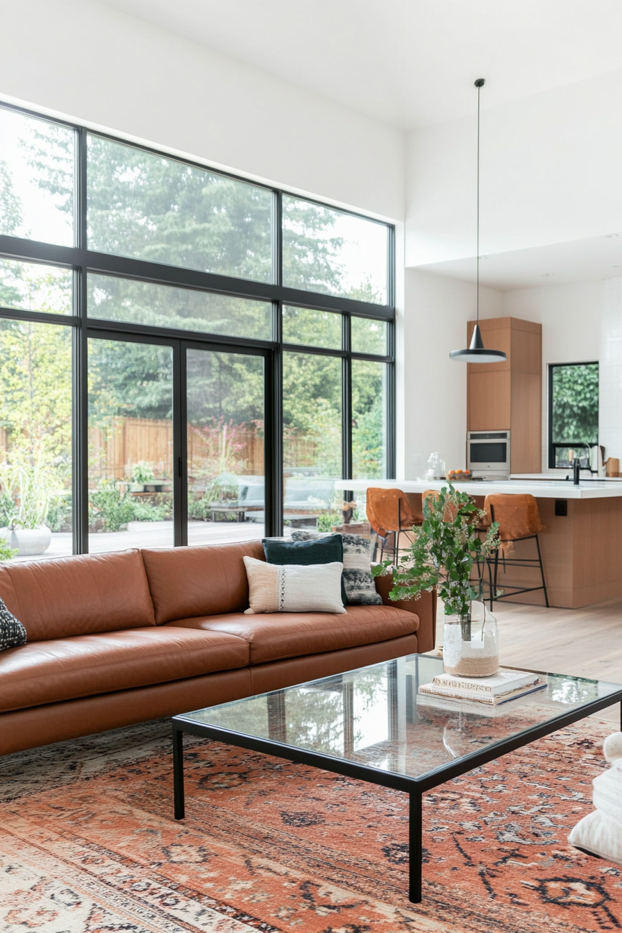 Open concept living room with large windows