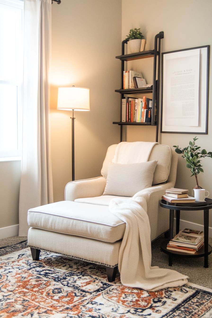Cozy reading nook with neutral palette