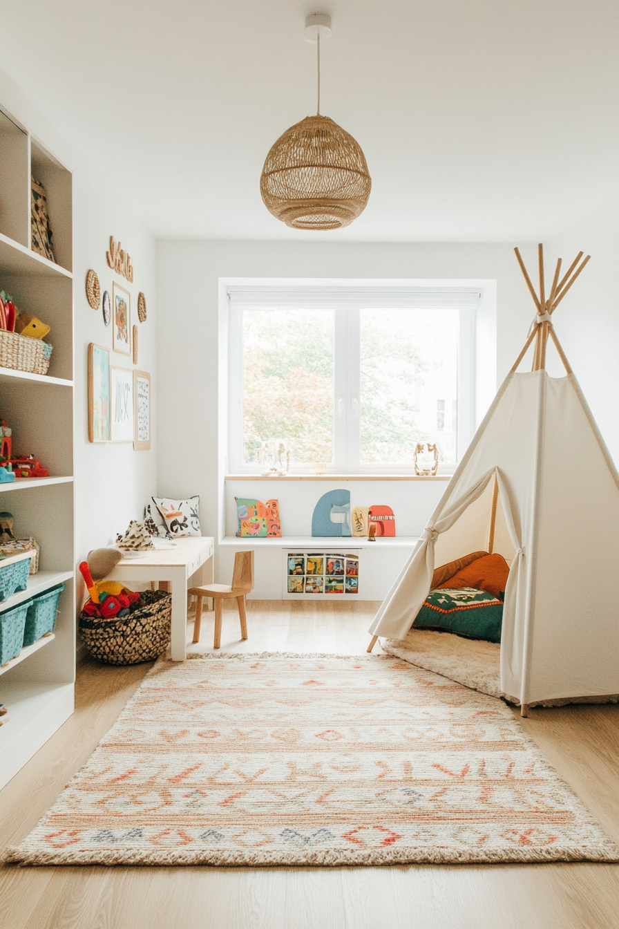 Whimsical touches and designated zones in kids' room