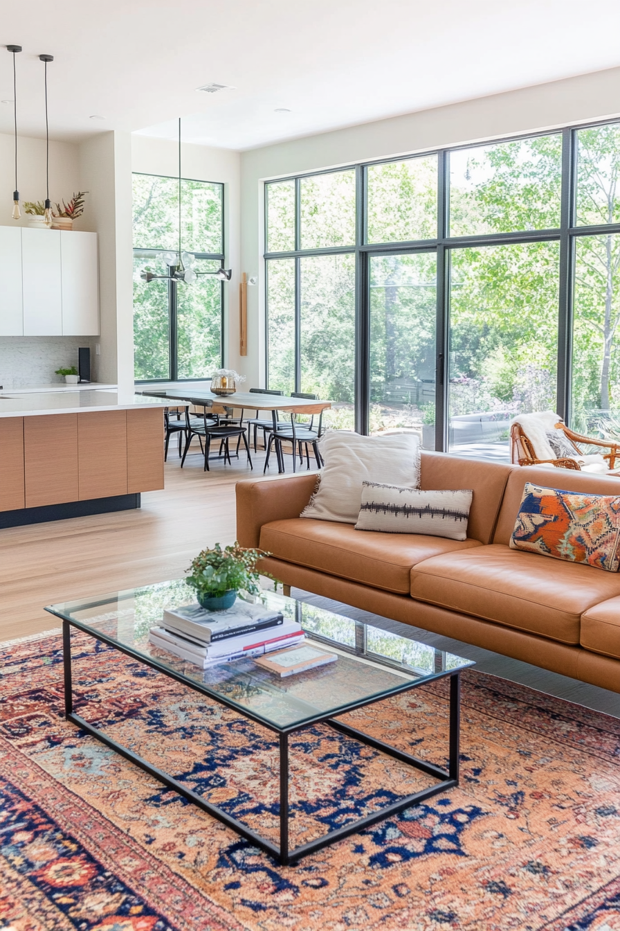 Balanced and inviting living area with statement lighting