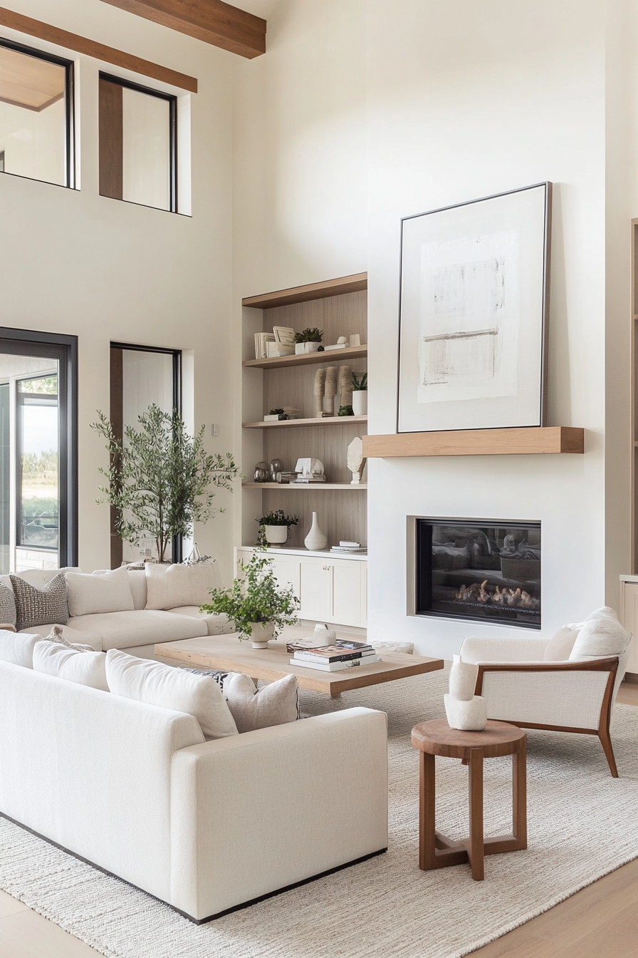 Modern living room with greenery and mixed textures
