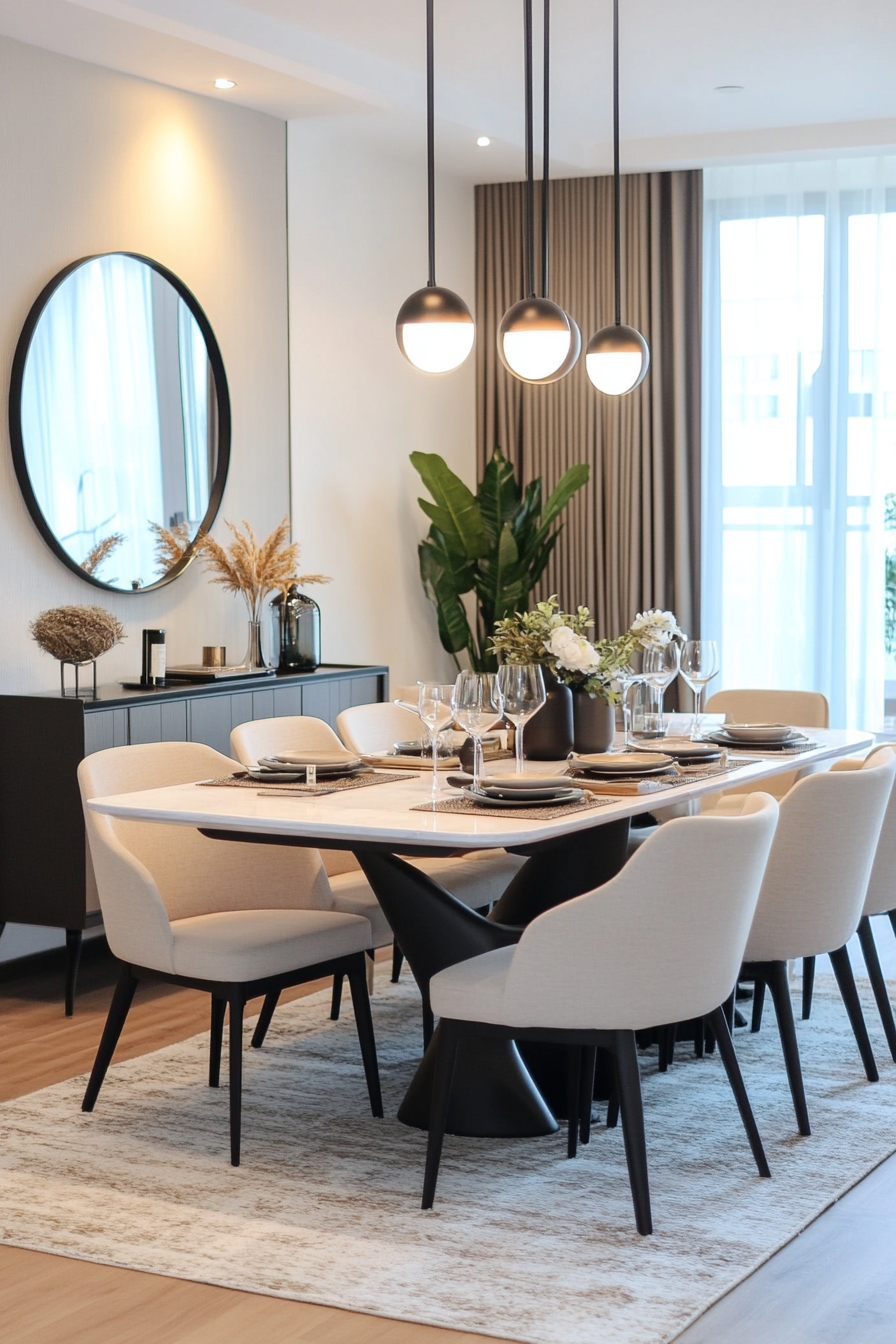 Dining area with statement lighting and minimalistic tableware