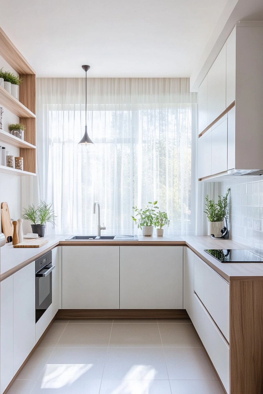 Minimalist decor with handle-less cabinets and open shelving