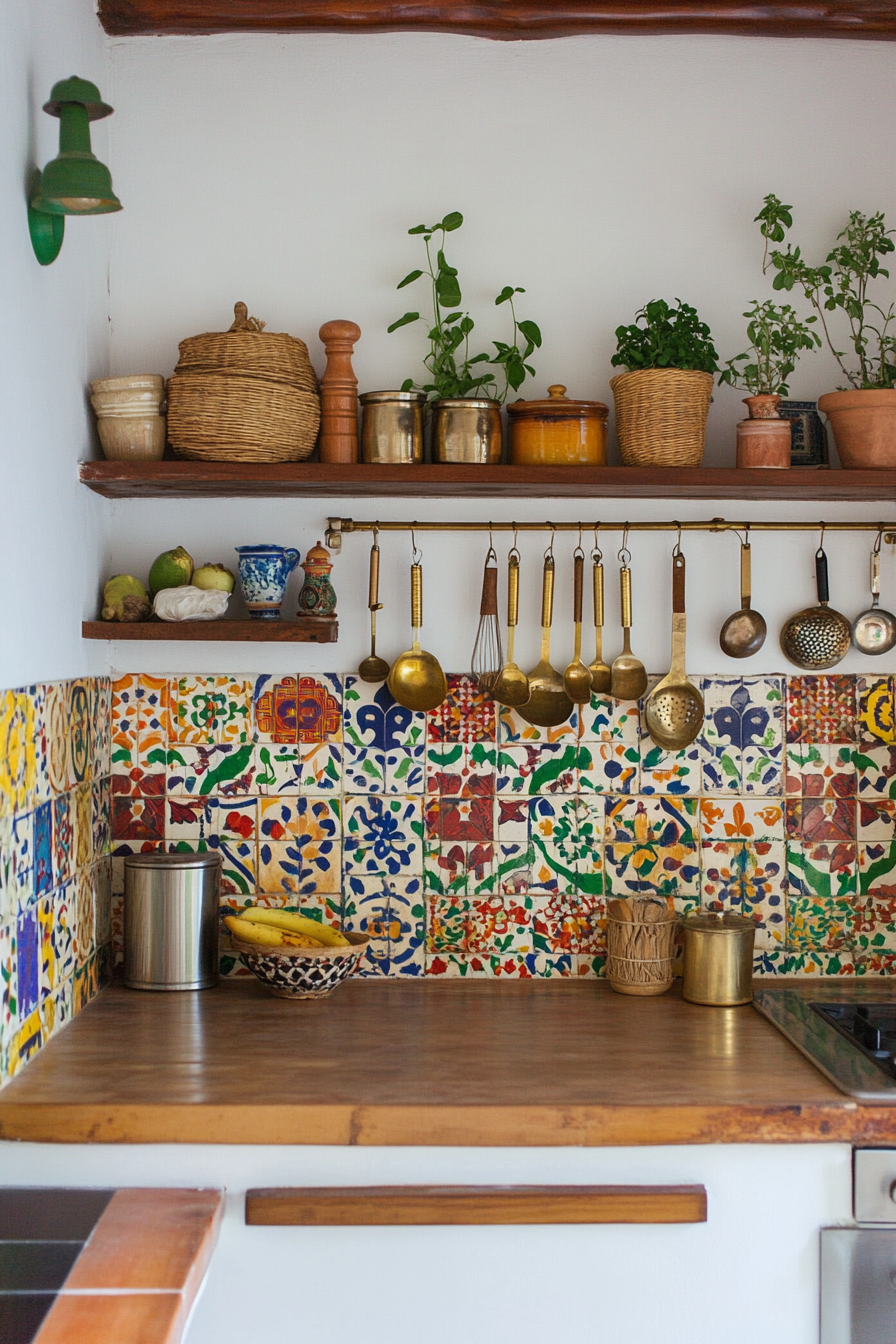 Rich colors, hand-painted tiles, and brass utensils