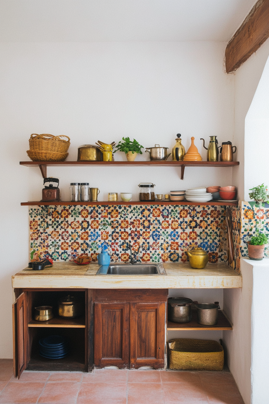 Rich colors, hand-painted tiles, and brass utensils