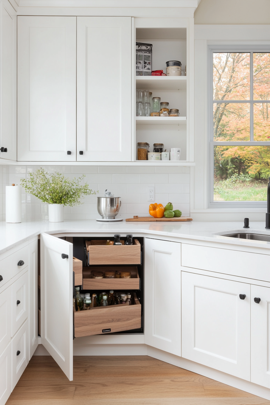 Pull-out pantries and corner cabinets with rotating shelves