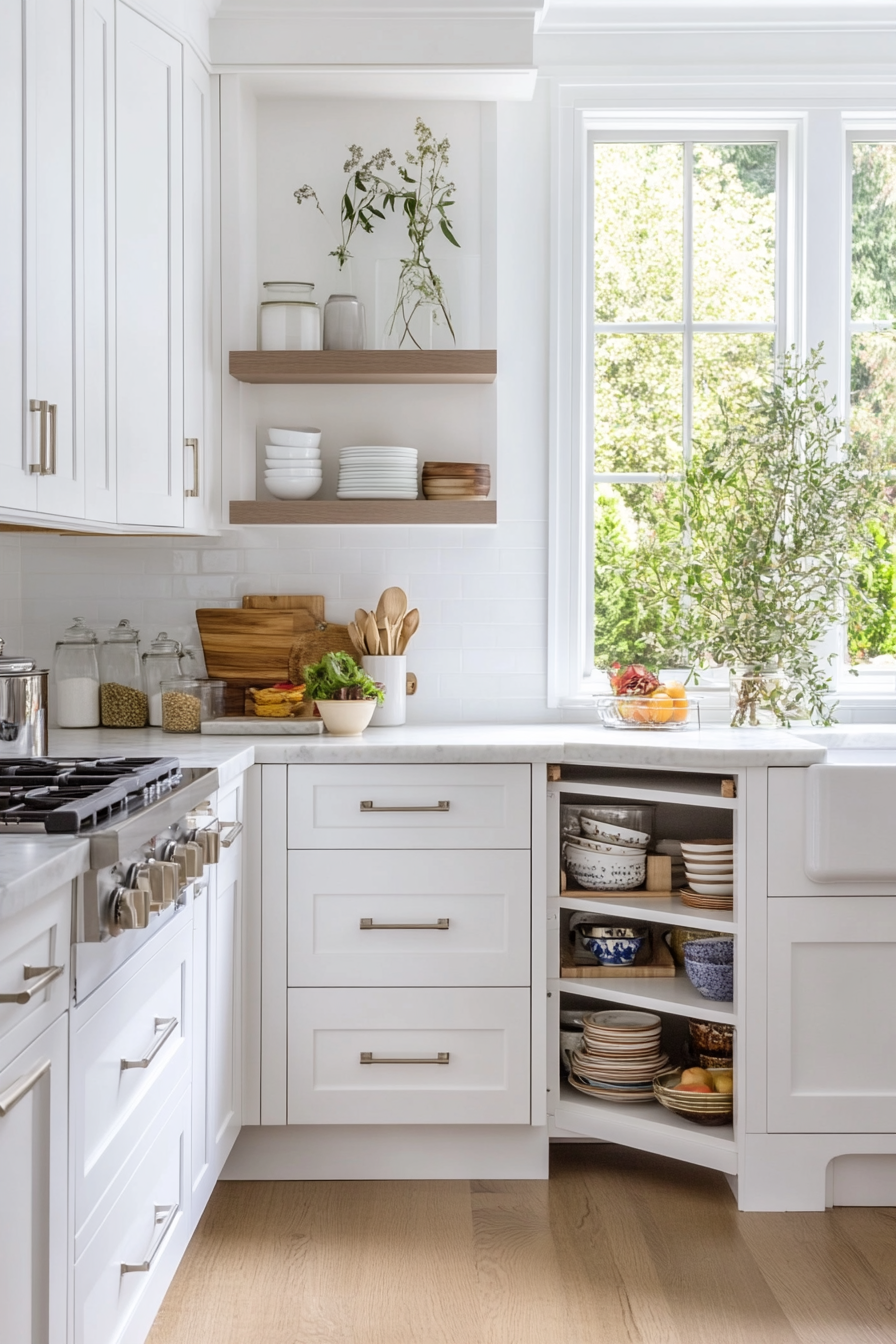 Pull-out pantries and corner cabinets with rotating shelves