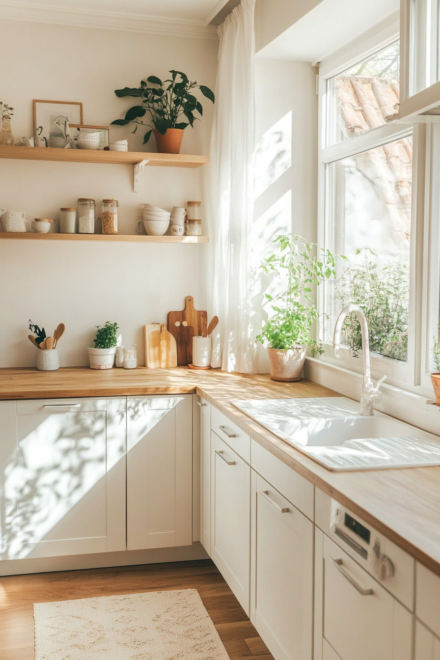 White cabinets, light wood countertops, and large windows