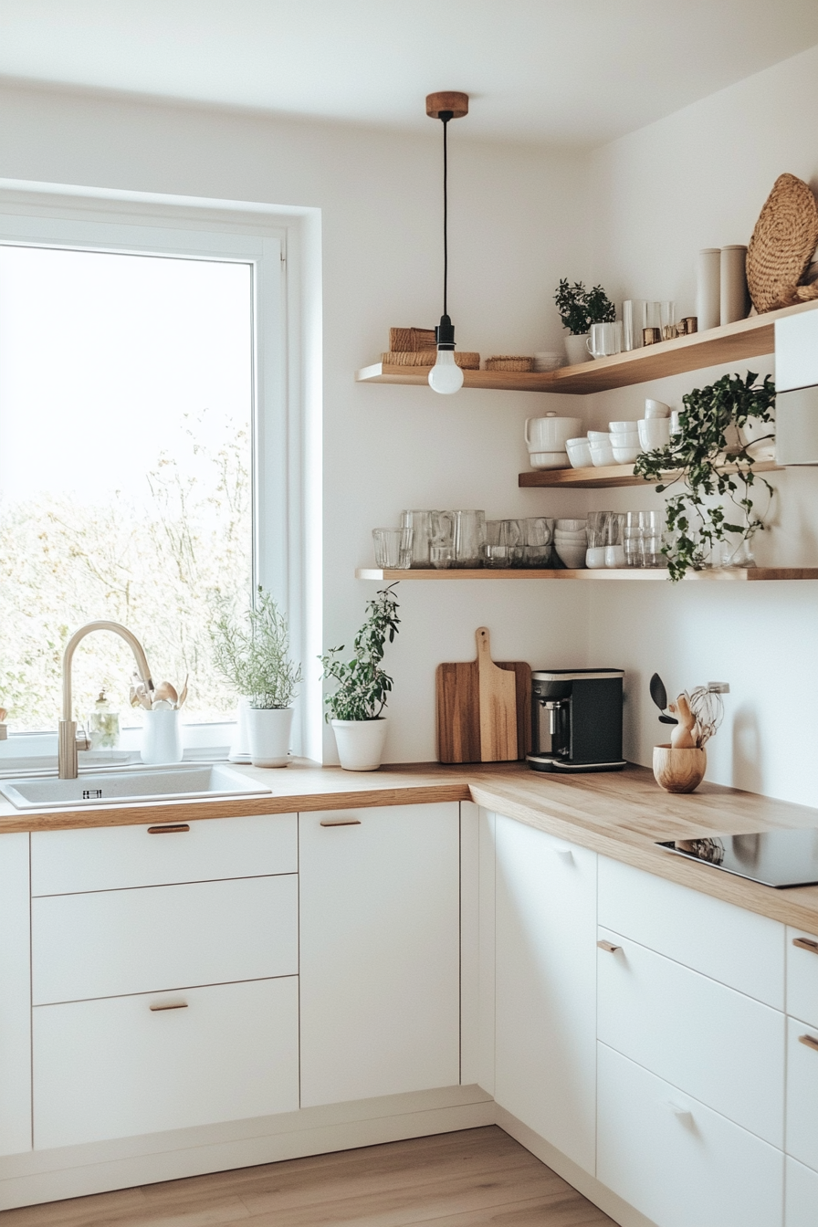 White cabinets, light wood countertops, and large windows
