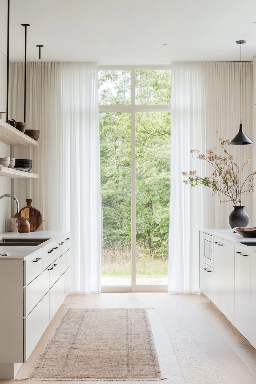 Minimalist decor with handle-less cabinets and open shelving