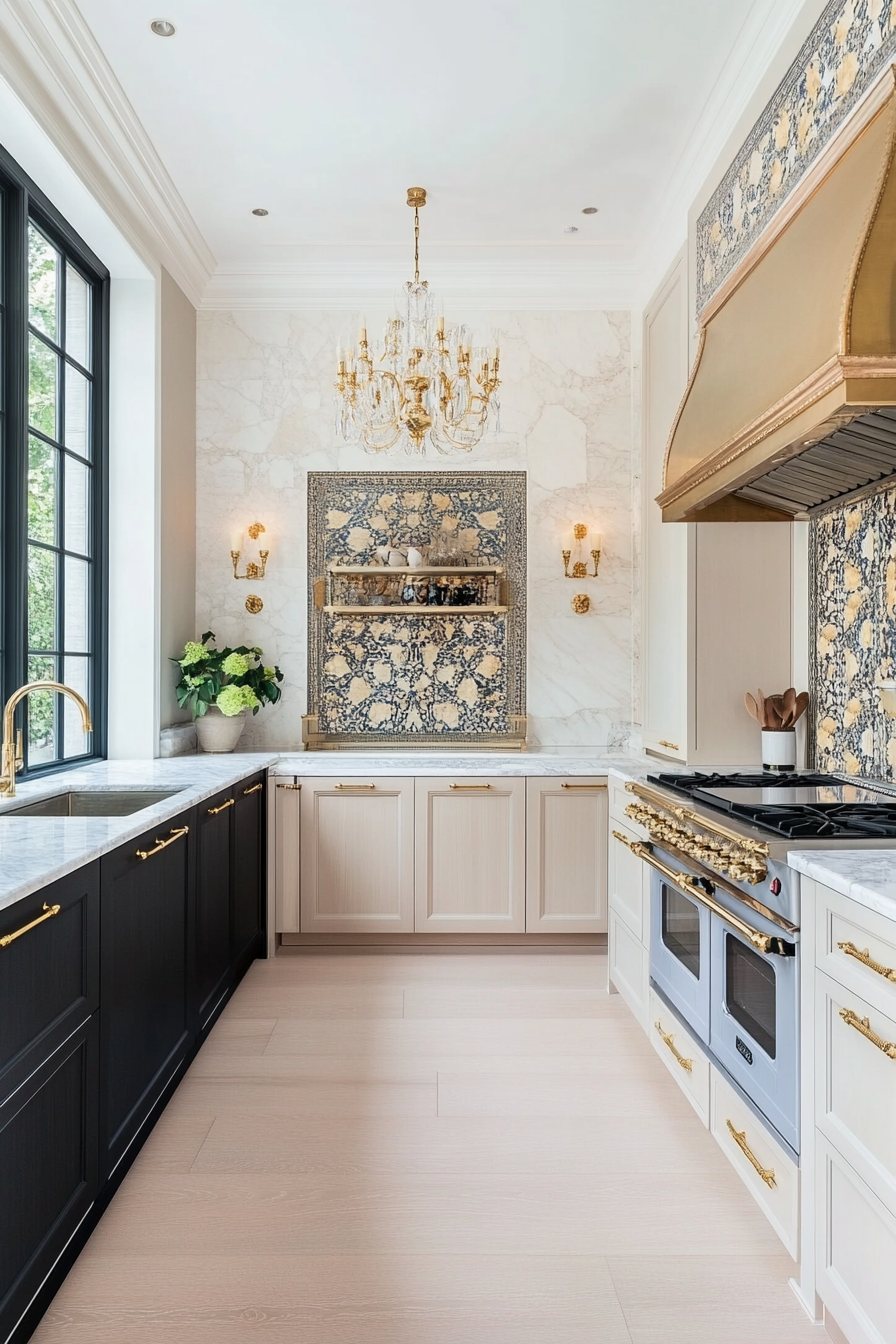 Marble countertops, brass fixtures, and bespoke cabinetry