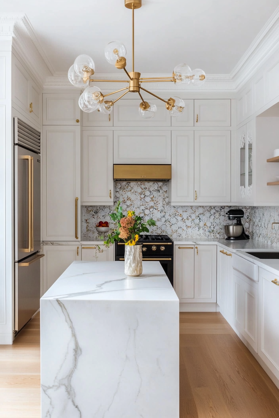 Marble countertops, brass fixtures, and bespoke cabinetry