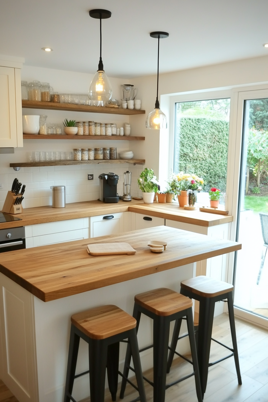 Compact island with built-in shelves and butcher block countertop
