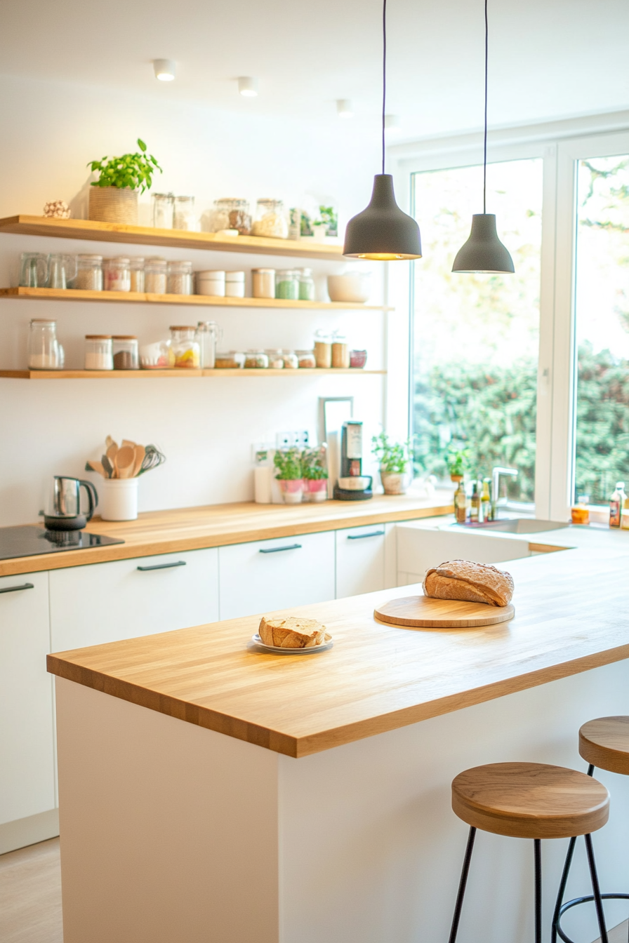 Compact island with built-in shelves and butcher block countertop