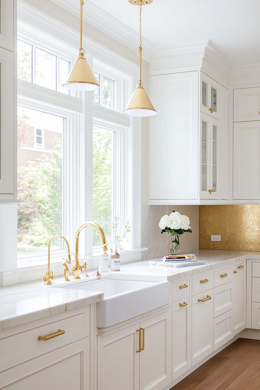 White cabinets with gold hardware and accents