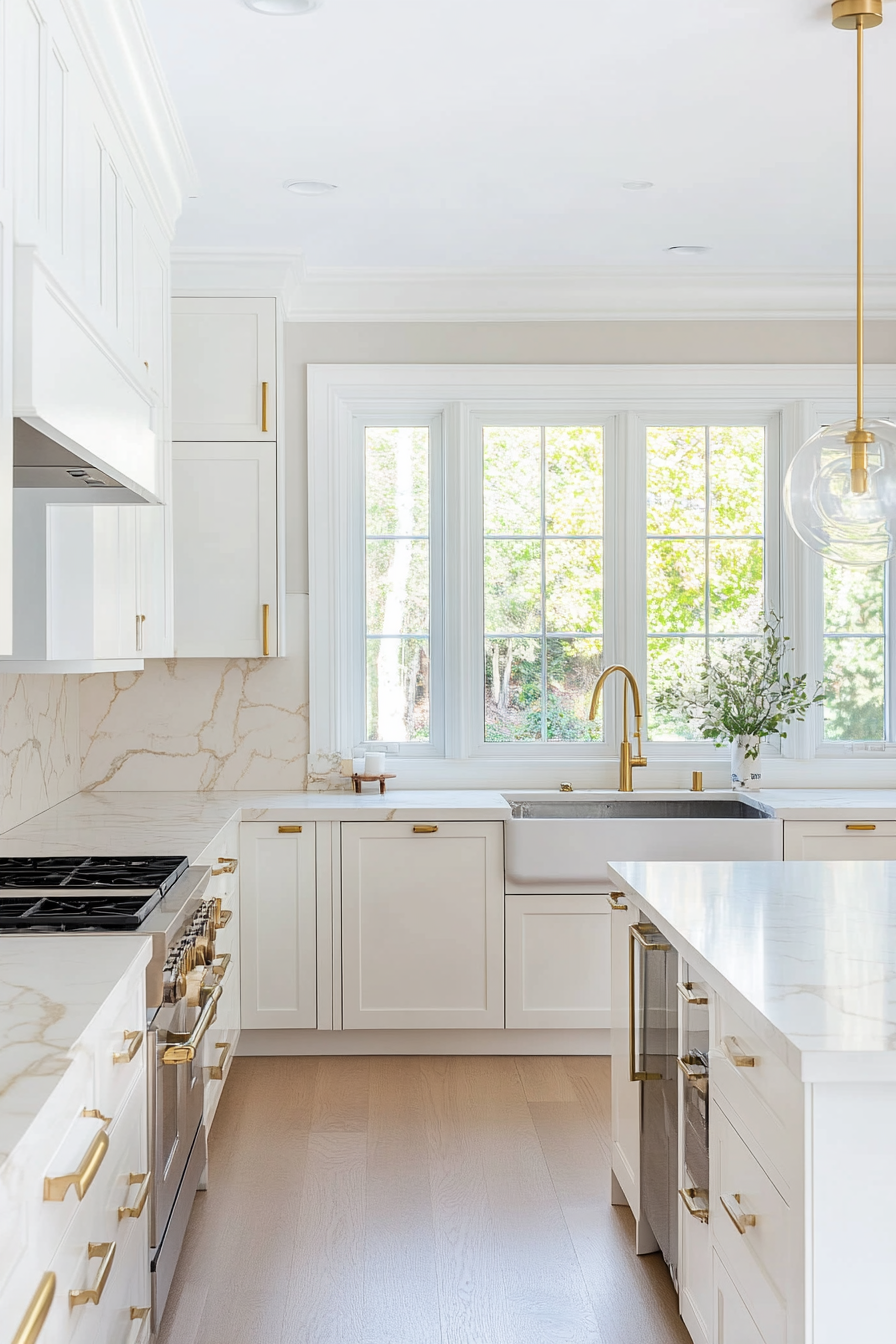 White cabinets with gold hardware and accents