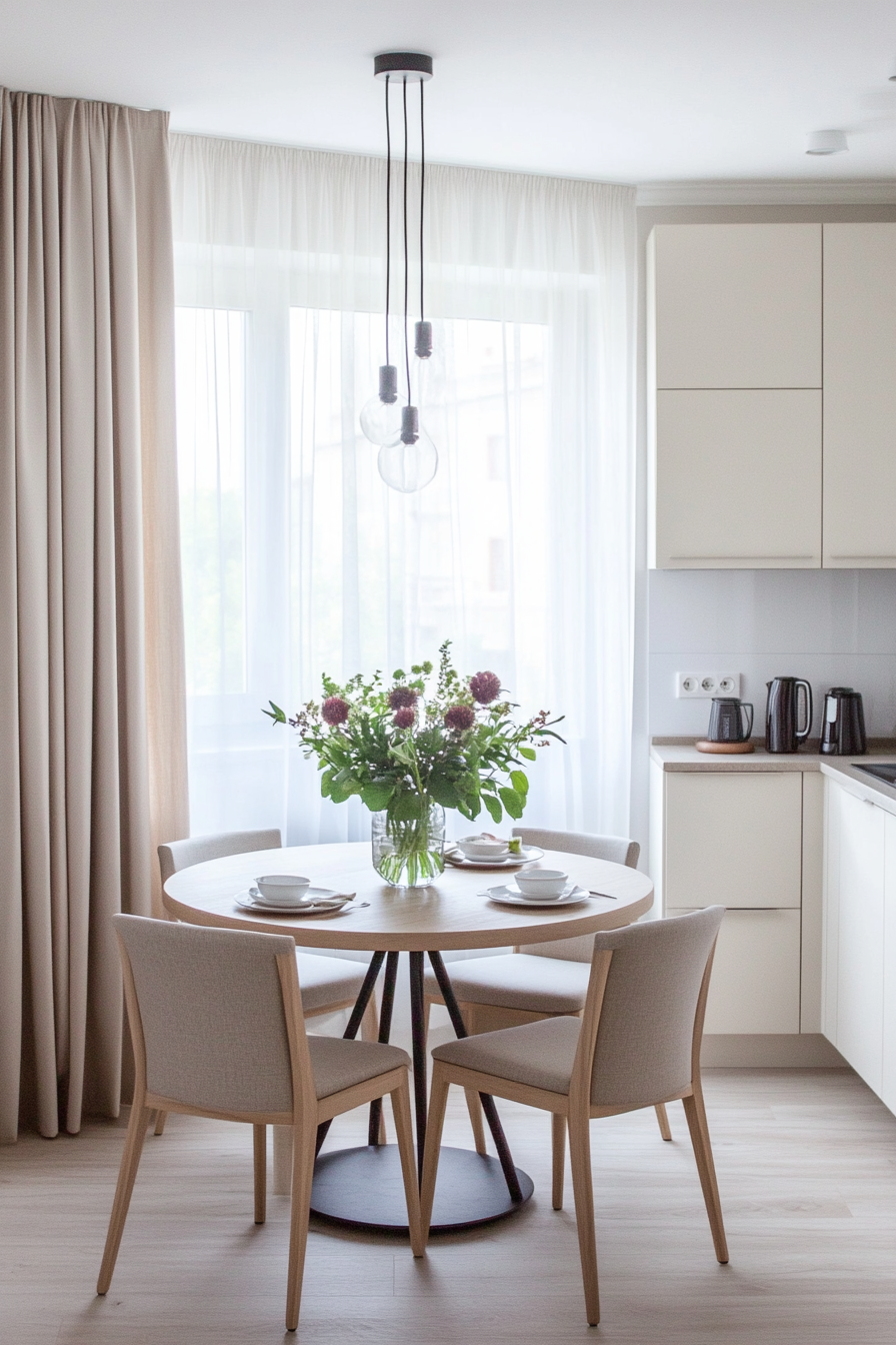 Round table with light-colored wood finish