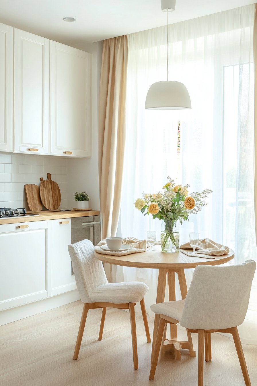 Round table with light-colored wood finish