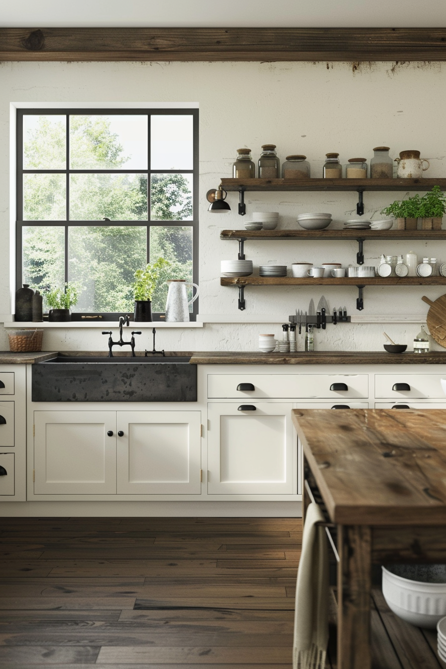 White shaker-style cabinets with black hardware