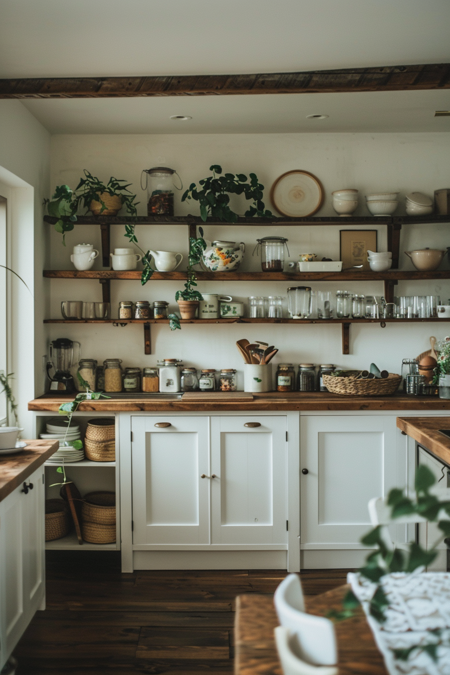 Wooden shelves with kitchenware and decor