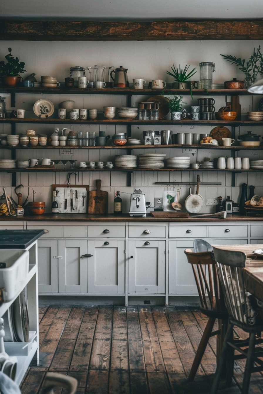 Wooden shelves with kitchenware and decor
