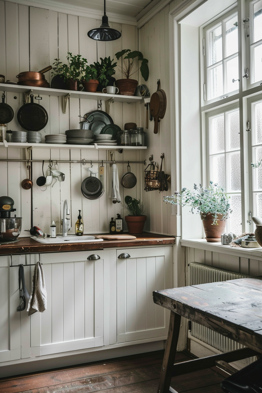 Small moody farmhouse kitchen with vertical storage