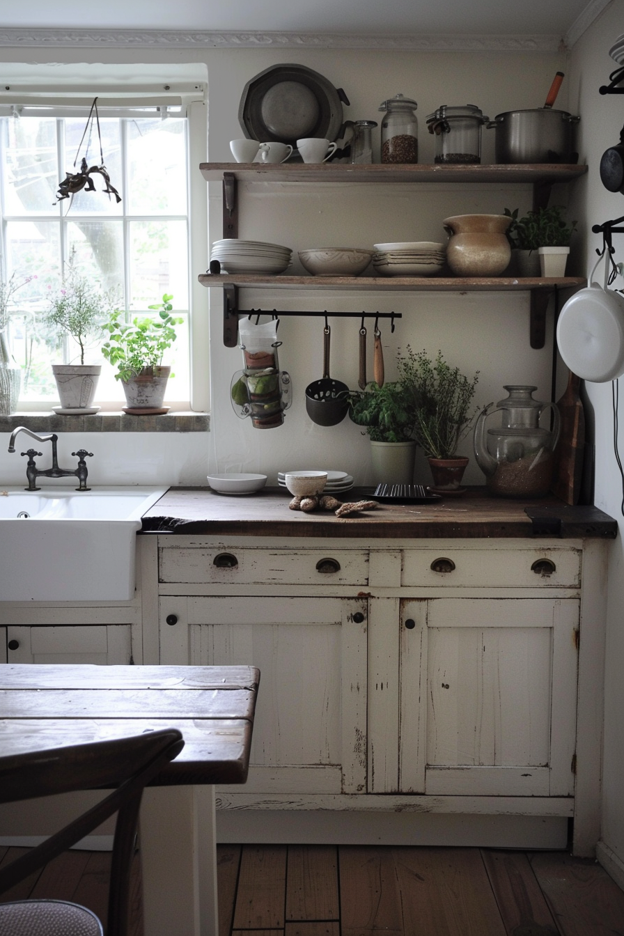 Small moody farmhouse kitchen with vertical storage