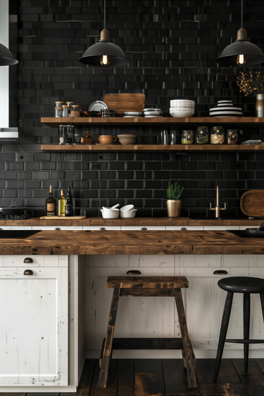 Moody farmhouse kitchen with dark subway tile backsplash
