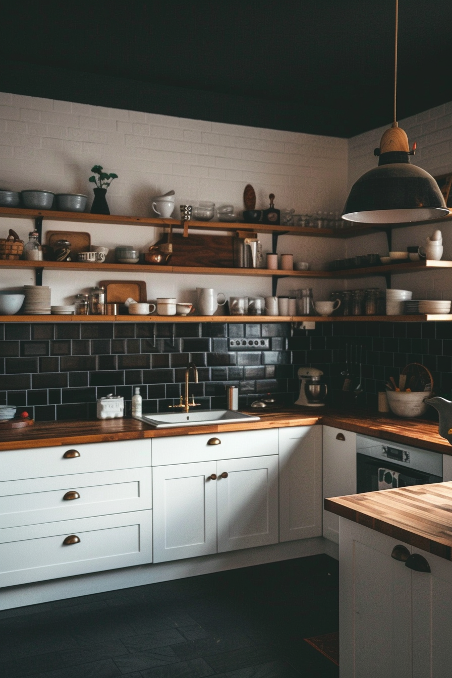 Moody farmhouse kitchen with dark subway tile backsplash