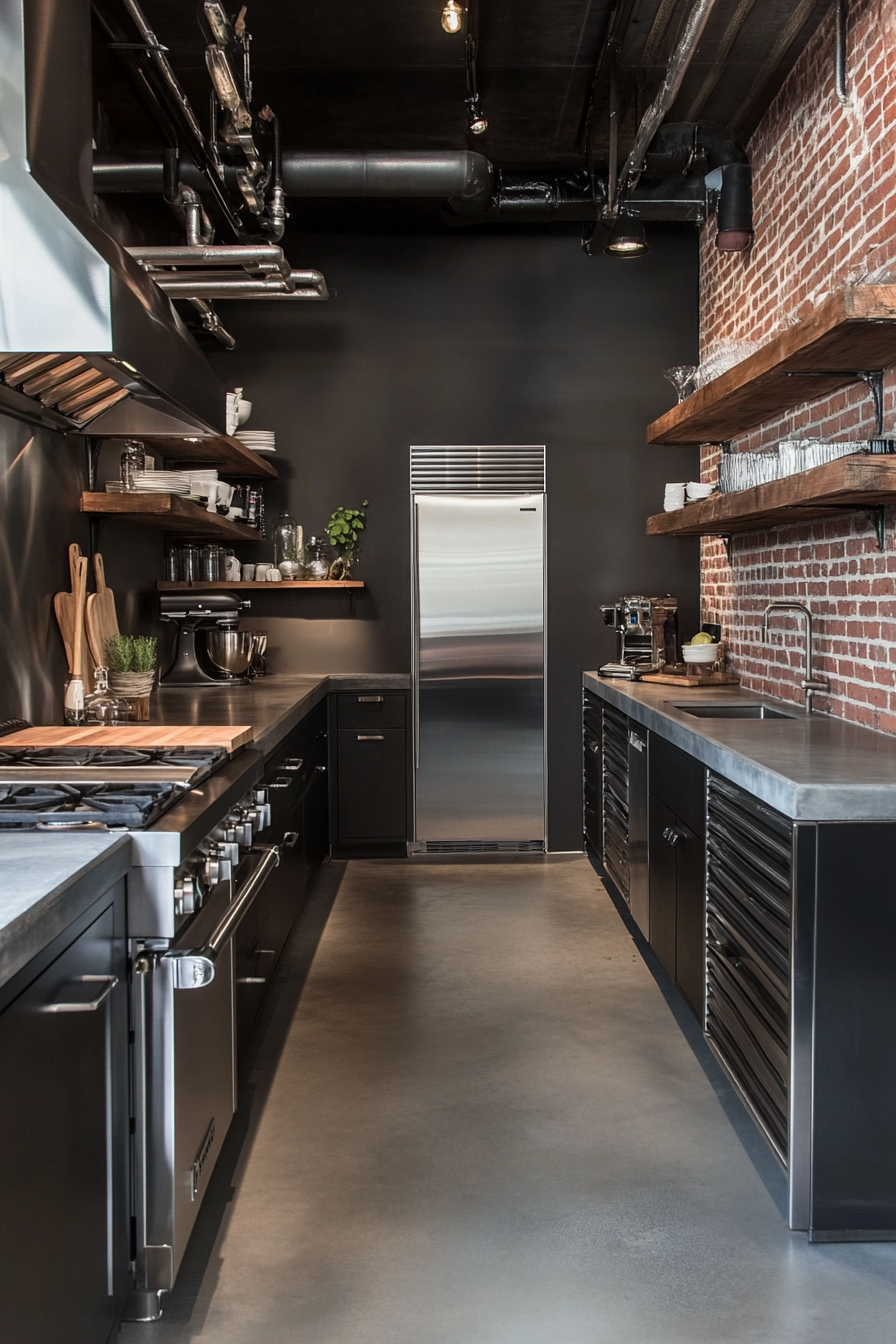 Industrial kitchen with charcoal walls and exposed brick
