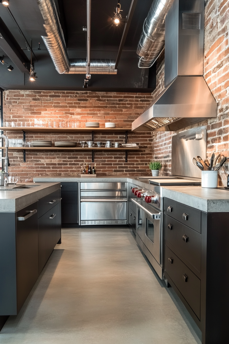 Industrial kitchen with charcoal walls and exposed brick