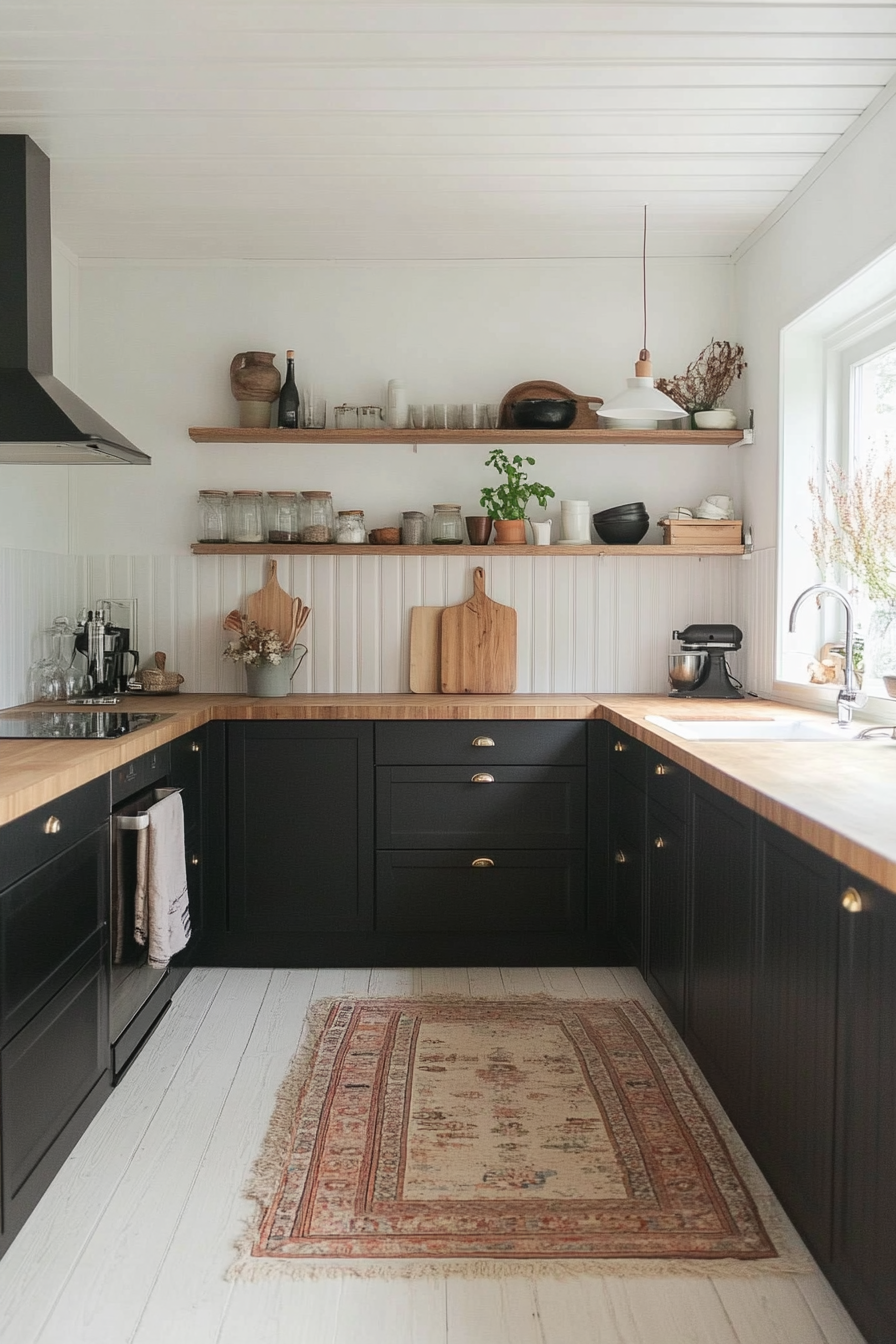 Scandinavian kitchen with white walls and black cabinets