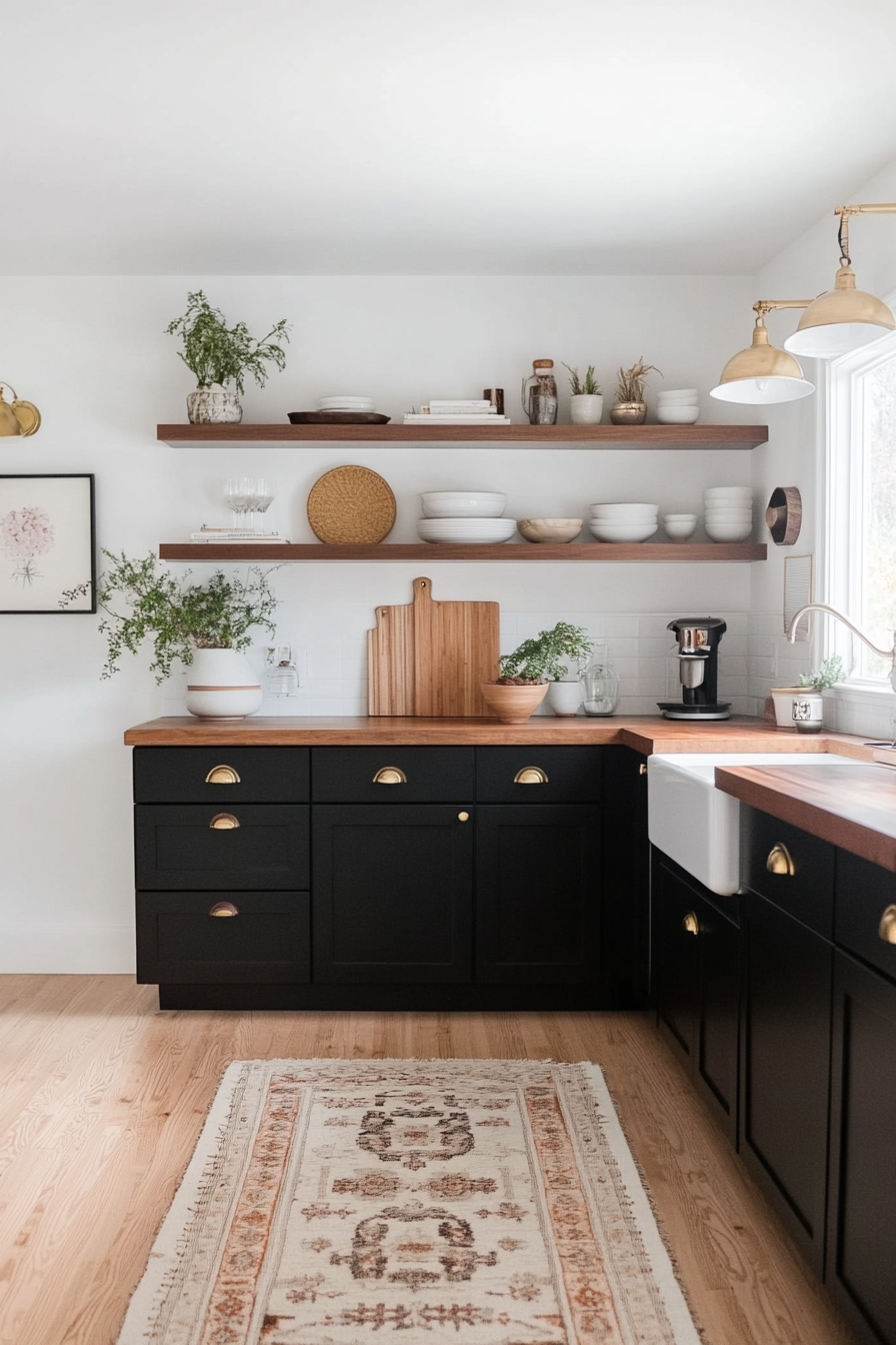 Scandinavian kitchen with white walls and black cabinets