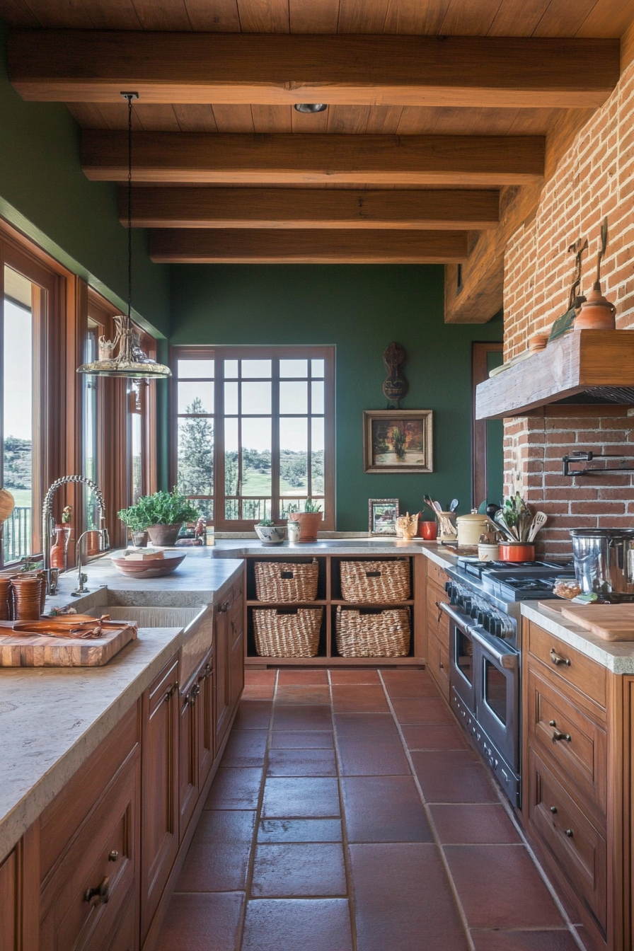 Rustic kitchen with wooden cabinets and stone countertops