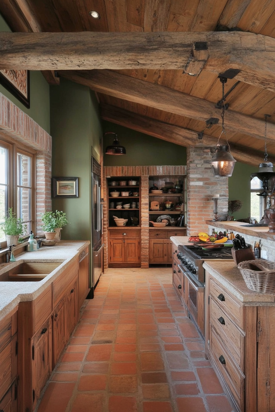 Rustic kitchen with wooden cabinets and stone countertops