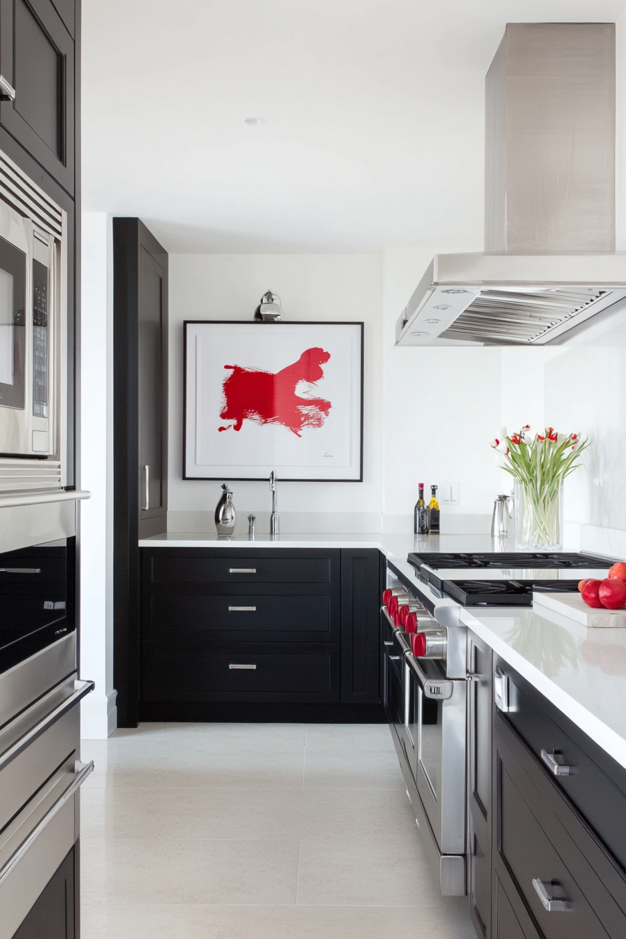 Urban chic kitchen with high-gloss black cabinets and stainless steel appliances
