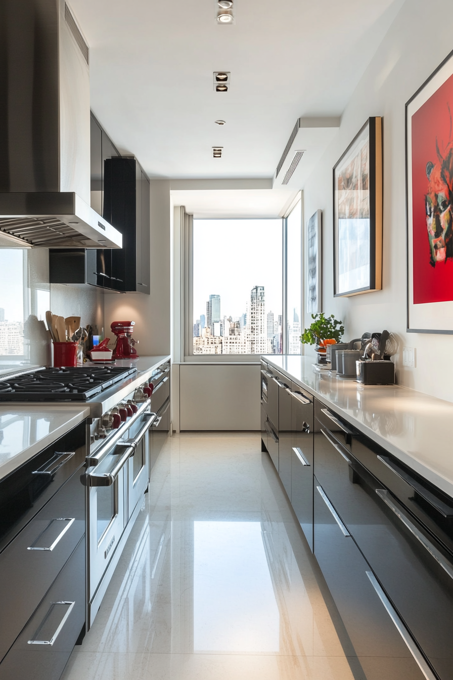 Urban chic kitchen with high-gloss black cabinets and stainless steel appliances
