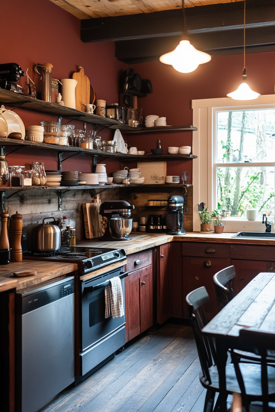 Cozy kitchen with deep red walls and wooden cabinets