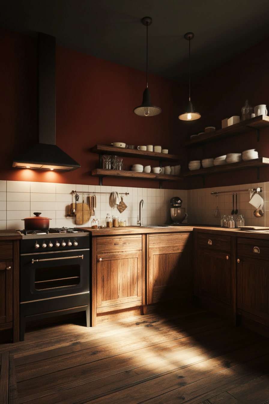 Cozy kitchen with deep red walls and wooden cabinets