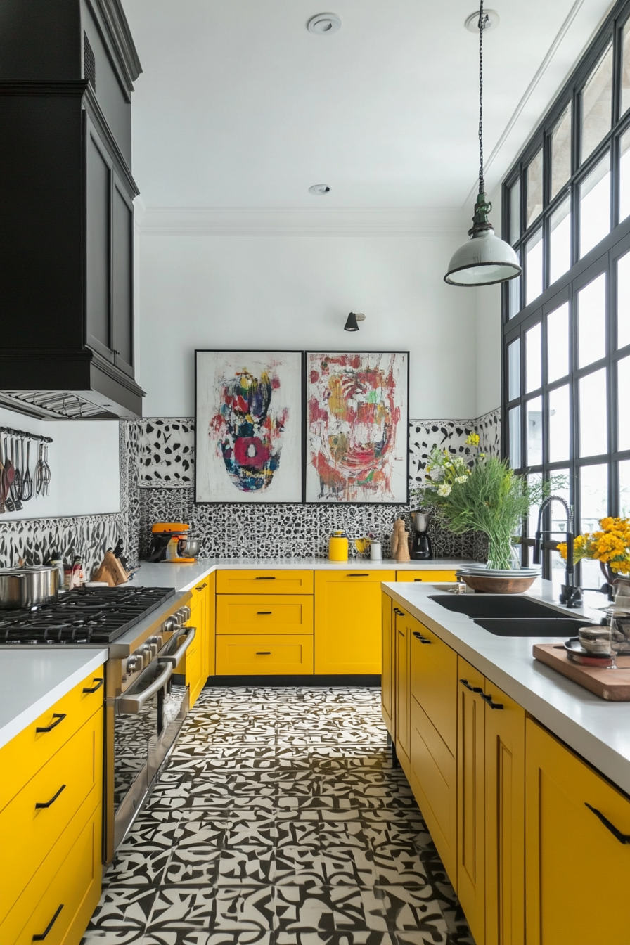 Artistic kitchen with black and white walls and bold yellow cabinets