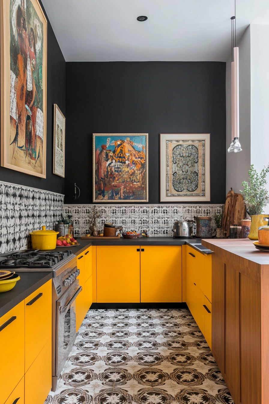 Artistic kitchen with black and white walls and bold yellow cabinets