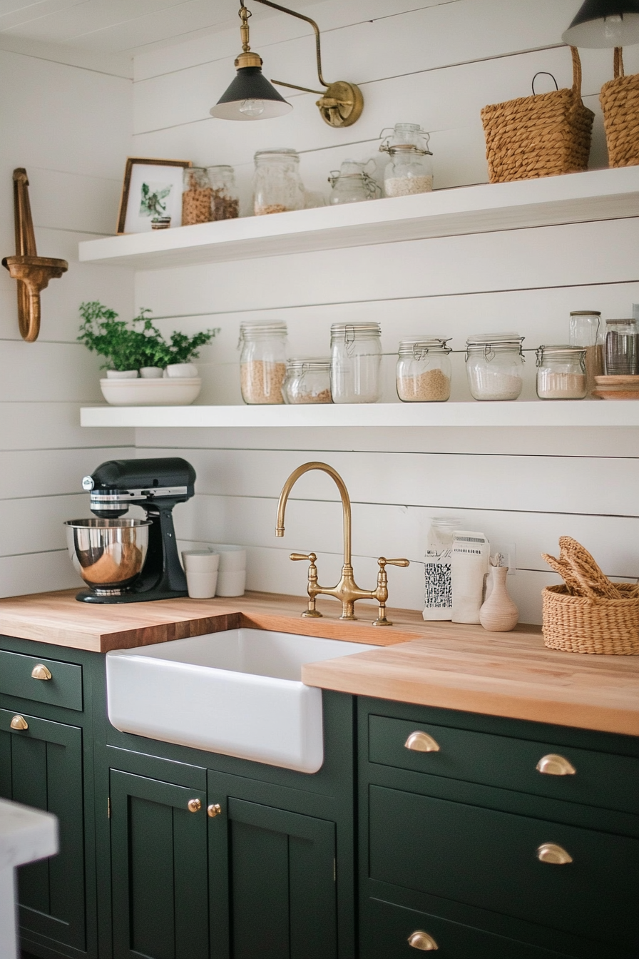 Farmhouse kitchen with dark green cabinets and brass hardware