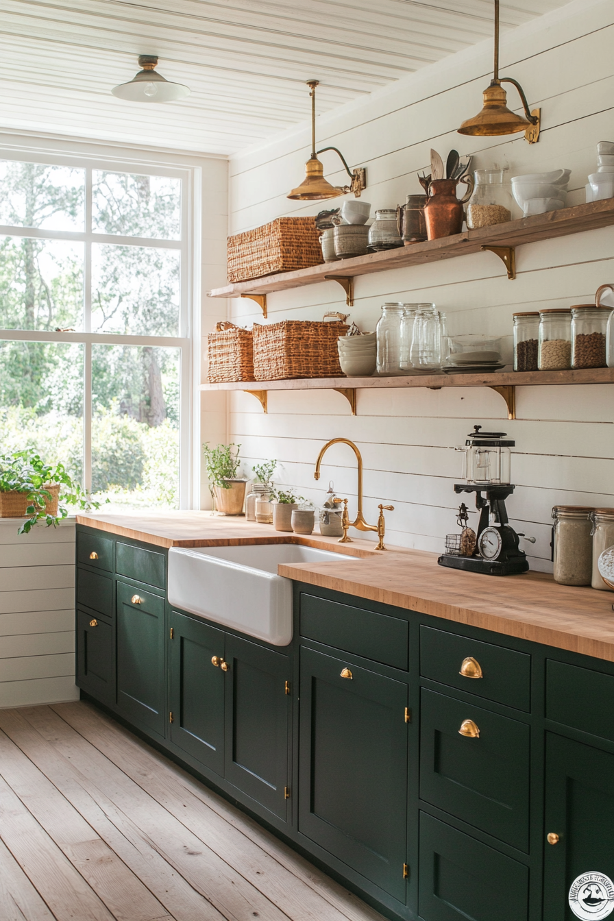 Farmhouse kitchen with dark green cabinets and brass hardware