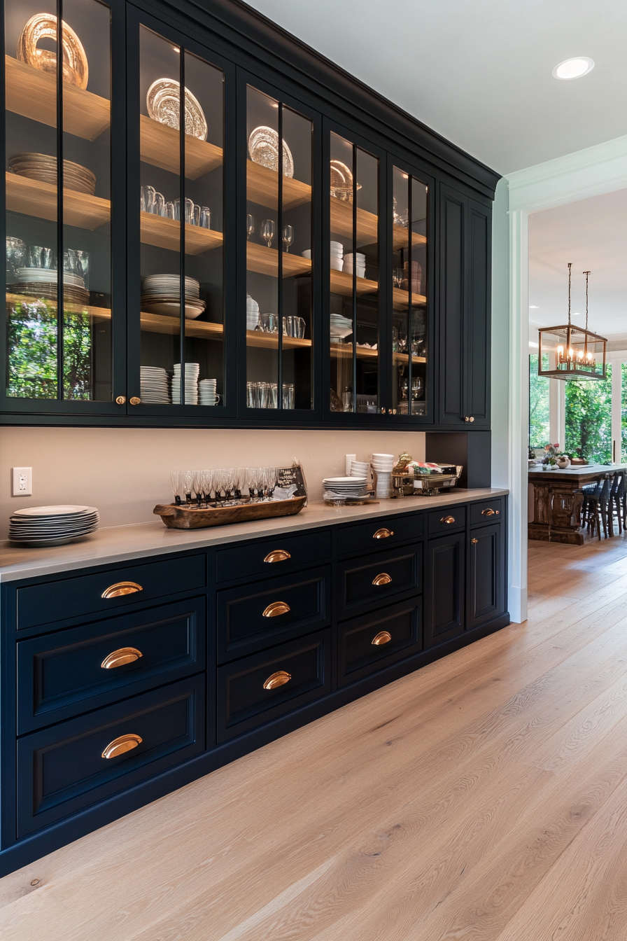 Kitchen with deep navy cabinets and glass-front displays