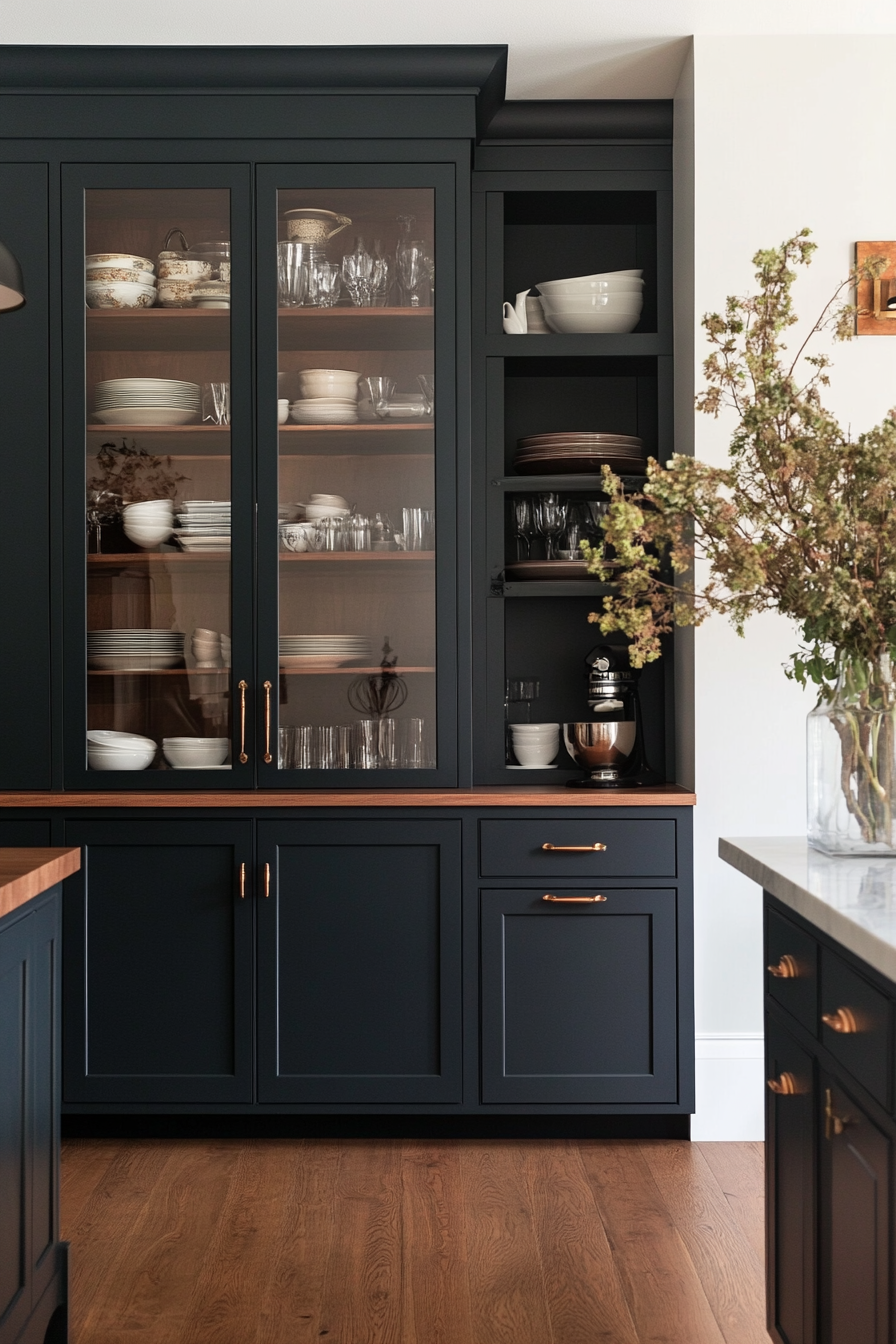 Kitchen with deep navy cabinets and glass-front displays