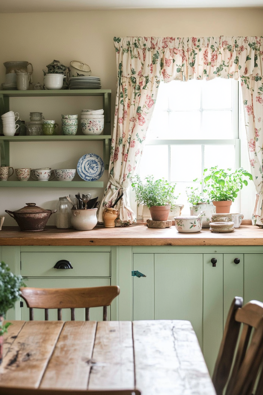 Cottage kitchen with sage green cabinets and vintage pottery