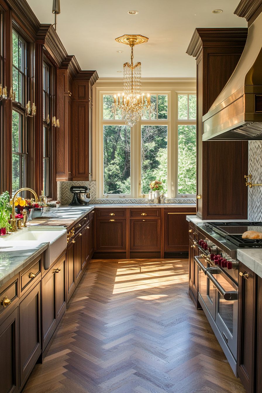Victorian kitchen with dark wood cabinetry and marble countertops